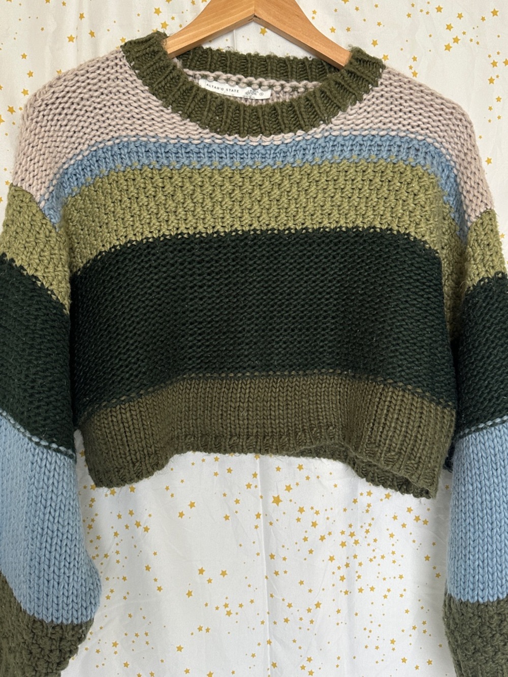 Cropped Striped Crewneck Sweater in Olive, Sage & Light Blue